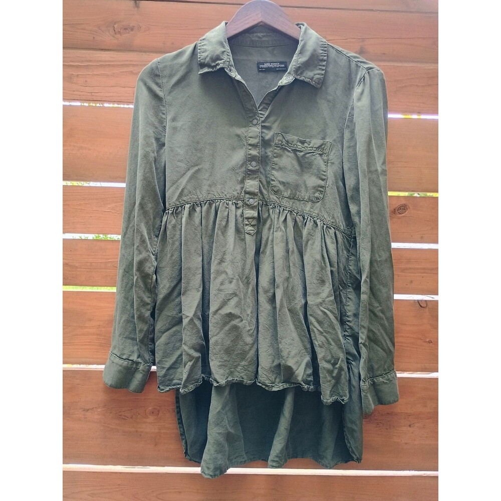 Zara Top Womens XS The Babydoll Shirt Long Sleeve Tunic Collared Green